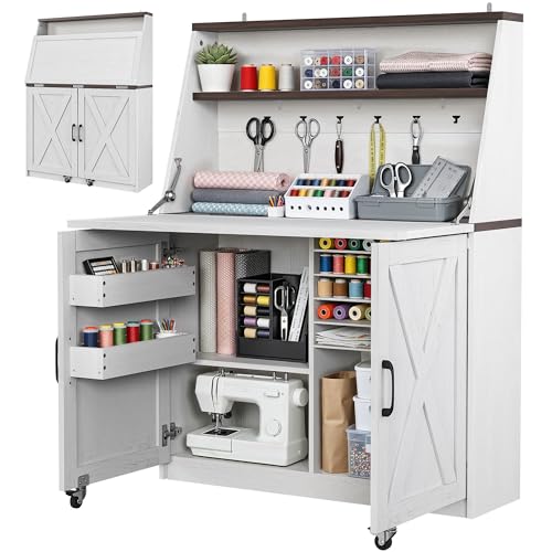 DWVO Folding Sewing Table with Charging Station & Storage, Multi-Function Craft Desk with Lockable Wheels, Magnetic Doors & Hidden Storage