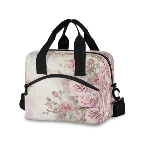 ALAZA Pink Rose Flowers Floral Lunch Box for Men Women Adults Insulated Lunch Bag Cooler Bag with Adjustable Shoulder Strap for Work Picnic Travel