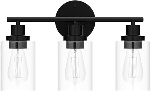 Miniatura 4 de Watyo Lámparas de baño color negro, 3 lámparas de pared para baño, luces de baño con pantallas de vidrio transparente, lámparas de pared para