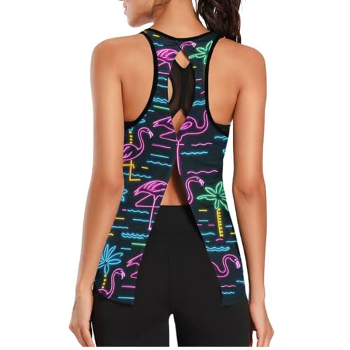 voucong Camiseta sin mangas para mujer, tela de malla, holgada, ajustada, para yoga, correr, yoga, verano, neón, Árbol de coco flamenco neón de verano, S