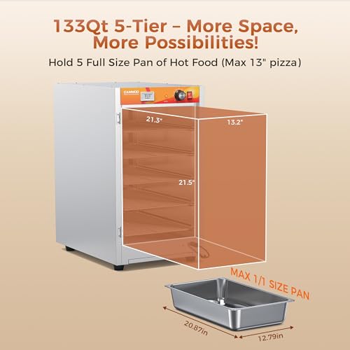 CAMMOO 133Qt 5-Tier 900W Commercial Food Warmer w/ 304 Blued Stainless Steel Heating Element, Single-Tempered Glass Door, Adjustable Shelf, Electric Catering Hot Box Countertop Heated Holding Cabinet