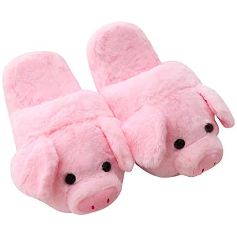 LOHONER Cotton Slippers Women Winter Cute Pink Pig Animal Cartoon Plush Slippers Non-Slip Furry Shoes Cover