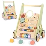 Bautia Wooden Baby Walker for 10 Months+, Push Along Walker Toy for 1 Year Old Boys Girls Gifts, 10-in-1 Baby Activity Centre with Shapes & Beads Game