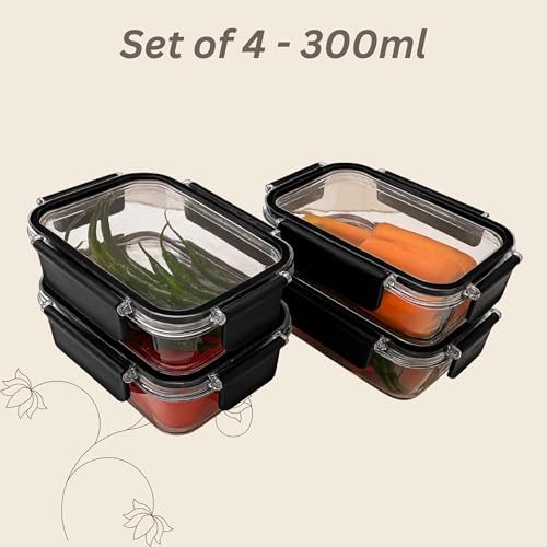 Image of PET Transparent Storage Containers Set of 4 (300 ml) | Airtight Small Kitchen Boxes for Spices, Snacks, Dry Fruits | Stackable, Freezer & Dishwasher Safe | Black set
