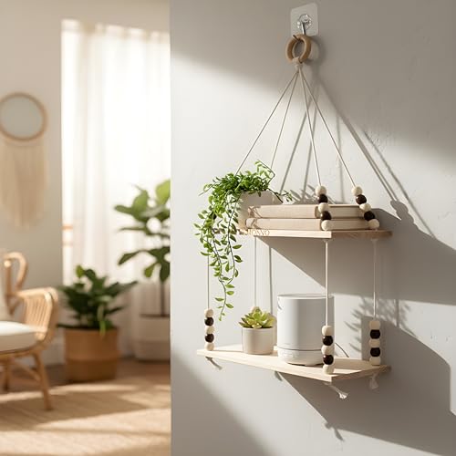 Image of 2Tier Hanging Shelf with Magic Hook, Use Decor Plants, Books, Decorative Gift Items Nursery Livingroom Wooden Beads & Ring Woven Bohemian Chic for Dorm