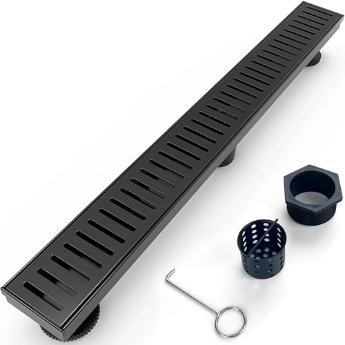 32 Inch Linear Shower Drain Bathroom Kitchen Matte Black Floor Drain Removable Capsule Pattern Cover Accessories Shower Drain 304 Stainless Steel Drain with Hair Strainer Adjustable Leveling Feet by Eblog - Used condition - US$36.37