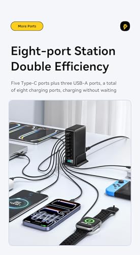 Image of INICIO 380W GaN 8 Port USB C Charger, 5 Type-C + 3 USB A 100W 65W PD Fast Charging Station For MacBook iPad Pro Air iPhone 17 16 15 Galaxy S26 S25 Ultra Z Fold XPS 13 /15 Pixel 10 9 Laptops Android etc