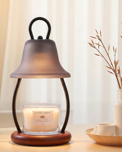 HONGZZI Candle Warmer Lamp with Timer - Adjustable Brightness & Glass Shade - Wooden Base with 2 Bulbs Included (Black)