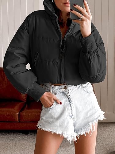 MEROKEETY Women's 2025 Winter Cropped Puffer Jacket Long Sleeve Oversized Stand Collar Zip-Up Short Coat3