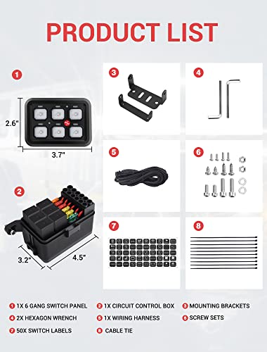 Mnj Motor 6 Gang Switch Panel Kit Automatic Dimmable - Multiple Modes On/Off Switch Touch Screen Circuit Control Box Relay System With Fuse Label Stickers For Truck Atv Utv Boat #TOP6