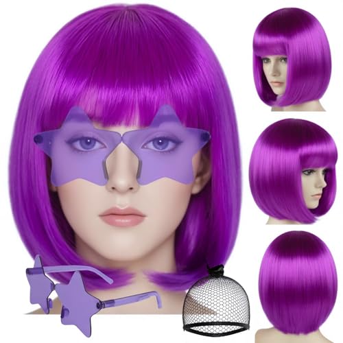 Image of ANOGOL Dark Purple Bob Wig with Bangs Purple Wigs for Women Colored Wigs | Hair Cap+Sunglasses Short Neon Wig for Bachelorette Party Funny Outfit for Women Halloween Costume Night Club Crazy Hair Day