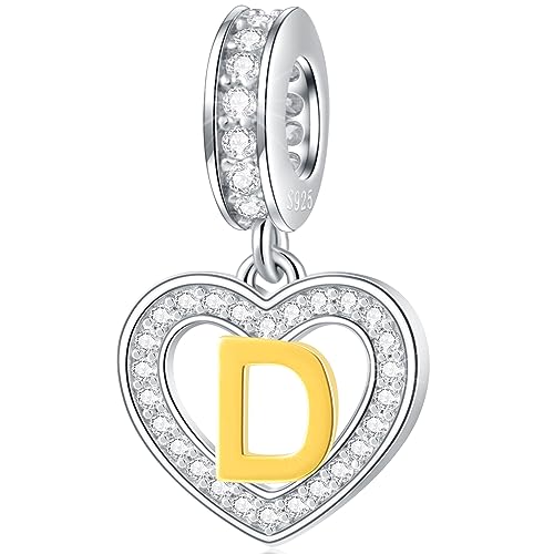 Image of GLOWDAS 18K Gold Plated Letter Charms Initial A to Z Necklace Pendant, 925 Sterling Silver CZ Heart Dangle Alphabet Beads fit European DIY Bracelet, Gifts for Valentiens /Christmas /Family
