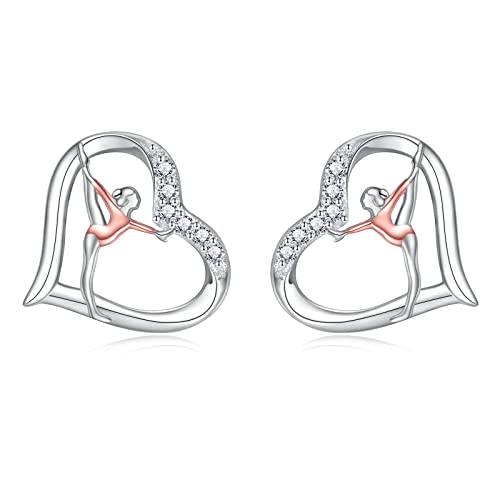 925 Sterling Silver Gymnastics Stud Earrings: Heart Gymnastics Gifts for Women Round Crystal Gymnast Stud Earrings Fashion Jewelry Gift for Daughter Niece