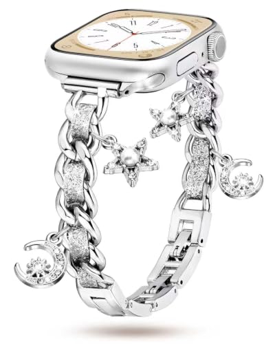 Image of Slim Gold Metal Band Compatible with Apple Watch Bands for Women 38mm 40mm 41mm 42mm 44mm 45mm 46mm, Dressy Designer Charm Bracelet Thin iWatch Bands for SE 3 2 1 Series 11 10 9 8 7 6 5 4 3 2