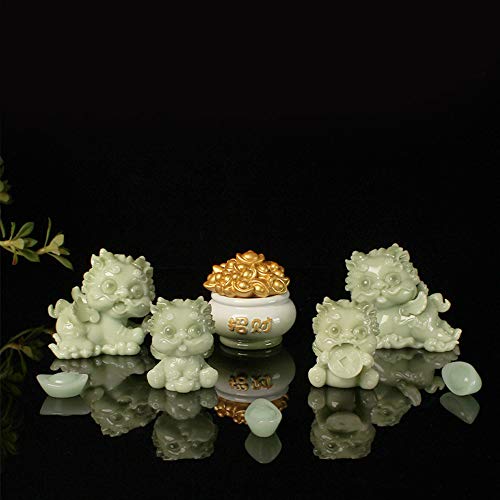 貔貅 ヒキュウ 雄雌セット 一対 聚寶盆 彩絵 かわいい 癒し 置物 ひきゅう 風水グッズ 風水 招財 置物 インテリア 開運祈願 金運祈願 宝くじ 運気アップ 風水アイテム 金運 ギャンブル運 お礼 新年 贈り物 (グリーン, 大2個セット+小2個セット