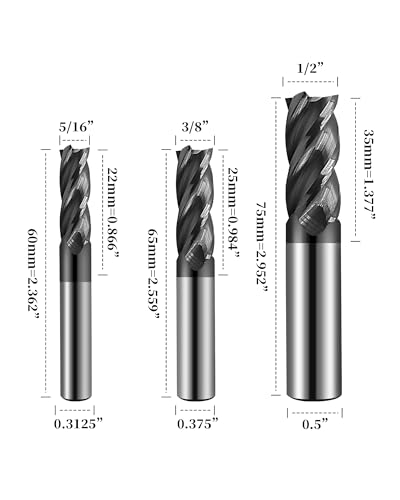 Image of 1 /2 inch 3 /8 inch 5 /16 inch 1 /4 inch 3 /16 inch 1 /8 inch Carbide Square End Mills Set, 4 Flute, AlTiN Coated, End Mill Bits for Hard Materials, HRC 45 Deg, CNC Router Bits - 6pcs