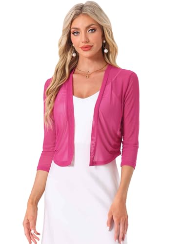 Allegra K Mujer Bolero de Gasa Manga 3/4 Frente Abierto Bolero de Malla Transparente Fucsia XL