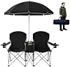 Sillas dobles para campamento, sillas plegables portátiles para picnic con sombrilla, bolsa térmica, portavasos, sillas para exteriores, playa, campamento, pesca - Negro 2