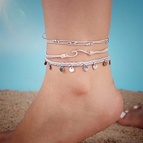 Image of Waterproof String Anklets Cute Beaded Ankle Bracelets Beach Wave Anklet Stainless Steel Coin Boho Ankle Jewelry for Women