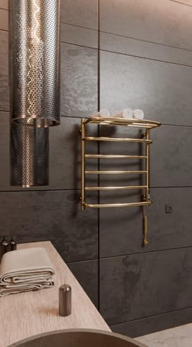 Elna - Radiador de toalla dorada de 105 W, 605 x 530 mm, eléctrico con estante, para hogar, habitación de invitados, acero inoxidable, termostato, temporizador y ecológico, IP44, montado en pared