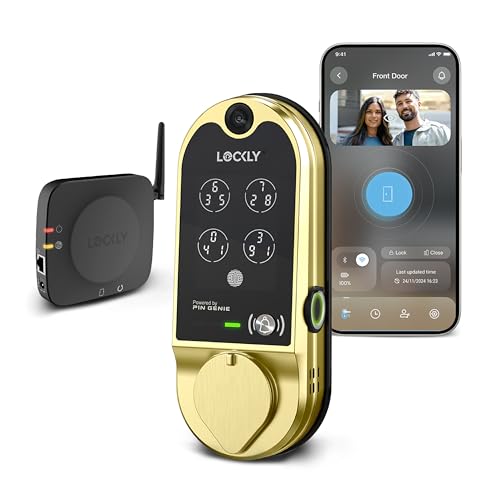 Lockly Vision Smart Lock with HD Video Doorbell, Fingerprint Door Lock for Front Door, Touchscreen Keypad, App Control, Auto Lock, No Monthly Fee - Brushed Gold