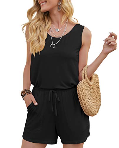 DouBCQ Womens Summer Casual Sleeveless Loose Jumpsuits Romper with Pockets (Black, Large)