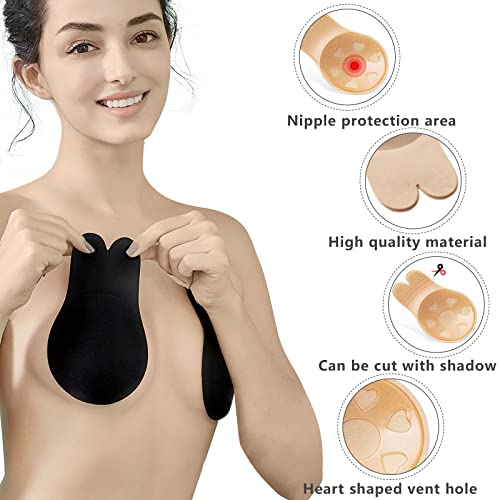 2 Pairs Sticky Bra, Invisible Lift Up Bra, Cupid Pads Backless Bra, Reusable Pasties Bras For Women With Lift, Rabbit Bar(Nude And Black)-L #TOP3