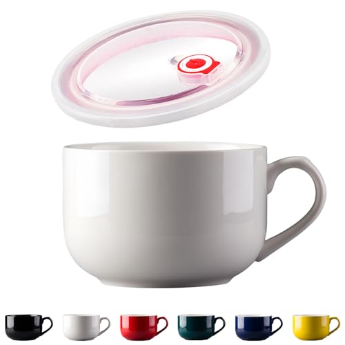 Dowbom Bol à soupe avec couvercle, bol à ramen en porcelaine, bol à nouilles instantanées pour micro-ondes (blanc)