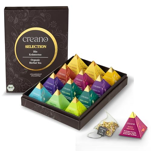 Creano Set de regalo de té de hierbas orgánico premium "Orgánico Herbal Tea" – 12 bolsas de té piramidales en 9 diferentes variedades – 30 g – Novedad 2024*