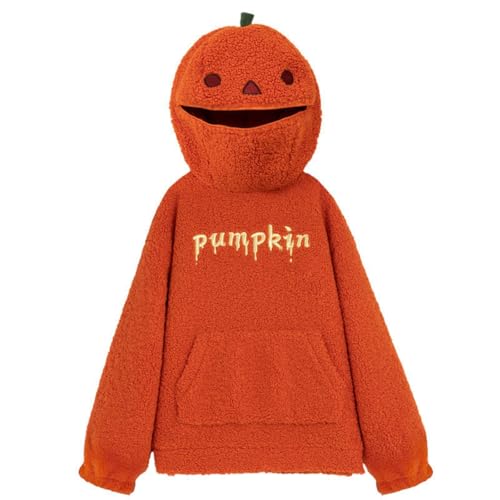 HUIFUAO Halloween-Sweatshirt für Damen, lustiger Kürbis-Kapuzenpullover, Neuheit, Halloween-Kostüme, Winter, flauschig, Fleece, Sherpa-Pullover, Teenager, Mädchen, langärmeliges Oberteil, Orange, M