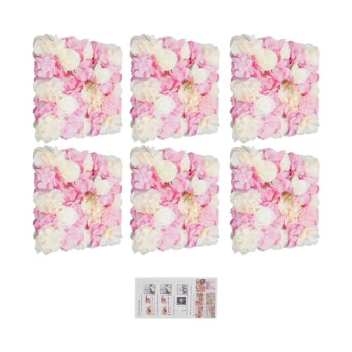 YUYANSHOP Flower Wall Panel Floral Backdrop, 6 Pcs Flower Wall Decor, 15" X 15" Silk Rose Wall, Artificial Flower Wall Backdrop Faux Flower Panel for Wedding, Party, Home (Pink+White)