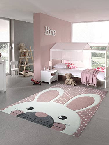 Kinderteppich Spielteppich Teppich Kinderzimmer Babyteppich Hase in Rosa Creme Grau Größe 160x230 cm