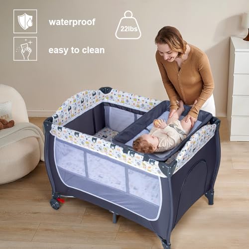 4 in 1 Pack and Play,Portable Nursery Center Baby Playard with Bassinet &Changing Table,Foldable Baby Crib Travel Playpen with Wheels,Removable Canopy with Toys,Storage Bag (Grey) - Thumbnail 4