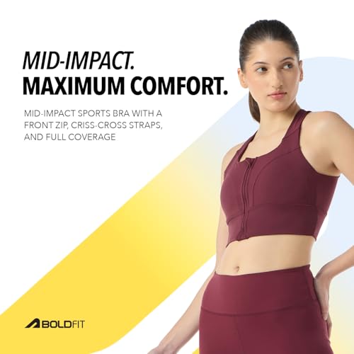 Image of Boldfit Sports Bra for Women,Premium Nylon Blend Padded Gym Bra for Woman with Criss Cross Back & Front Zip,Boldtech Sweat-Wicking,Stretch Fit,Durable & Comfortable Activewear for Gym,Yoga & Training