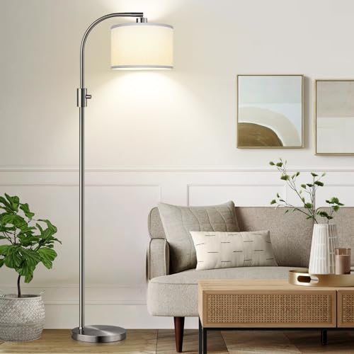 Nintiue Upgraded Modern Arc Dimmable Tall Standing Floor Lamp with Linen Shade, 1200 Lumens LED Bulb Included, for Living & Reading Room, Bedroom, Office & Nursery, Brushed Nickel