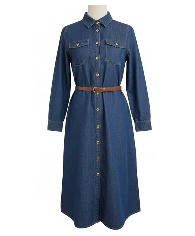 Image of BOOSTY Women's Denim Maxi Shirt Dress, Long Sleeve Button Down Midi Dress with Collar