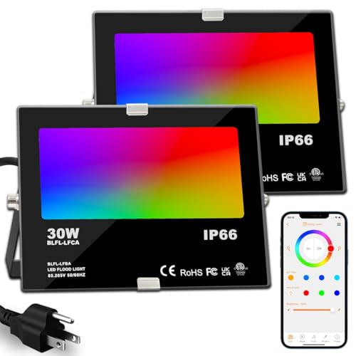 ILC LED Flood Light 30W Outdoor RGB Color Changing, Smart Floodlights RGBW 2700K Warm White & 16 Million Colors, 20 Modes, Grouping, Timing, IP66 Waterproof (2 Pack)