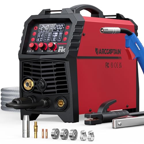 ARCCAPTAIN Soldador MIG MAG de 200A, 6 en 1 Totalmente Sinérgica, para Hilo Tubular/Sin Gas MIG/Gas MIG/MMA E-Hand/LIFT TIG/Soldadura Puntos, Soldador Inverter IGBT de 230V