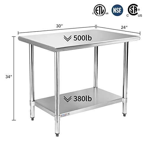 Image of STABLEINK NSF Stainless Steel Work Table 30x24 Inches, Metal Prep Table with Adjustable Undershelf, for Commercial Kitchen, Restaurant, Hotel, Laundry and Garage