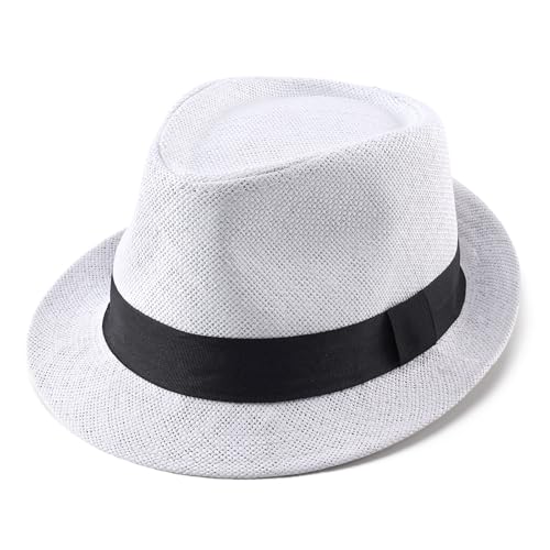 Image of Straw Fedora Hats for Men Women, 1920s Short Brim Trilby Panama Hat Summer Beach Sun Cap