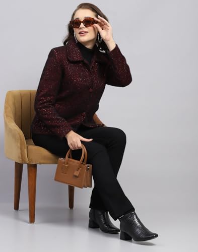 Image of Monte Carlo Womens Self Design Maroon Collar Neck Full Sleeve Coat