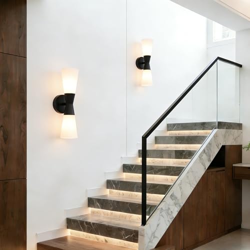 Image of Bathroom Wall Sconce, Modern Indoor Vanity Light Fixtures 17 inch, Up Down Lighting, Wall Mount Lamp for Living Room Bedroom Hallway Stairway Fireplace Mirror E26 Base 1PC White&Black