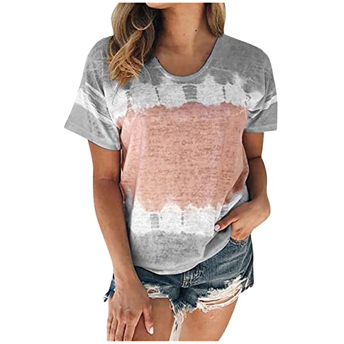 Womens Tops Summer Casual Trendy Tie Dye Gradient Print Graphic Tees Comfy Short Sleeve T Shirt Round Neck Tunic Blouse