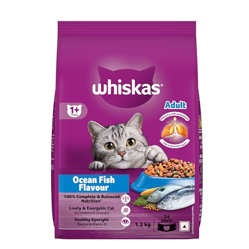 Image of Whiskas Adult (1+ Years) Dry Cat Food, Ocean Fish Flavour, 1.2 kg, Contains 41 Essential Nutrients, Complete & Balanced Nutrition for Adult Cats