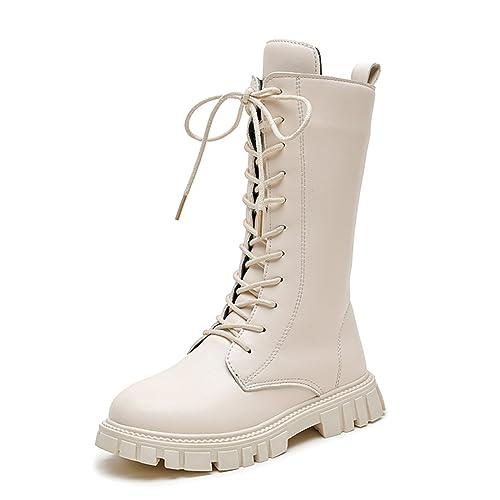 Mid Calf Girls Kids Boots Lace Up Side Zipper Combat Boots Faux Leather Motorcycle Riding Boot Lug Sole Low Heel Shoes4