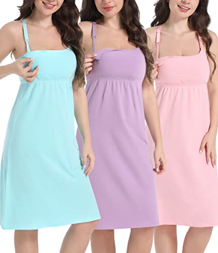Image of SUIEK 3-Pack Maternity Nursing Nightgown Cotton Breastfeeding Dress Pregnancy Tank Tops Sleepwear