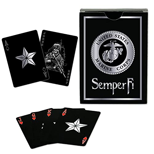 Marine Corps Playing Cards and Dice Set – Black Leather Keepsake Box, Playing Cards with USMC Rank Insignia, EGA Dice - Thumbnail 7