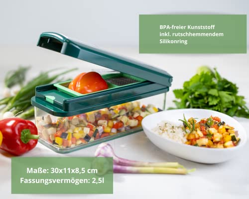 Genius Nicer Dicer Exclusive Gemüseschneider 15tlg Würfelschneider + Tomatenschneider Set 4 Einsätze + Reibe grob & Hobel + Auffangbehälter 2500ml, Grün