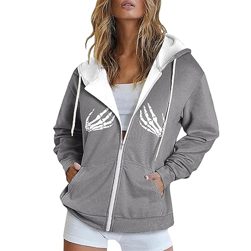 Sweat à capuche femmes large gris avec poche zippée et veste sport