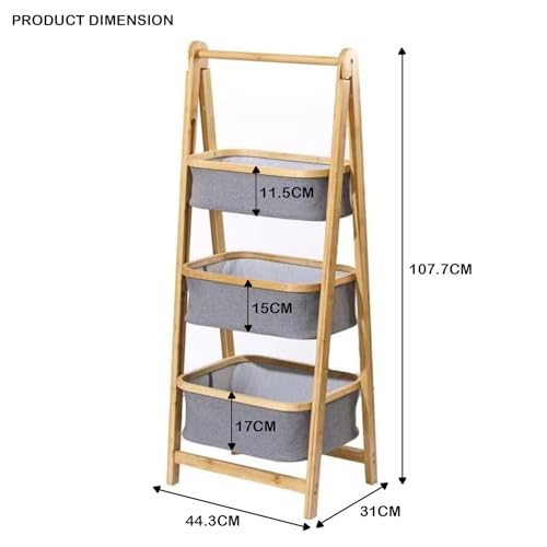 Image of Lukzer 3 Layer Foldable Bamboo Storage Rack with Fabric Baskets - Multipurpose Eco-Friendly Space-Saving Ladder Shelf Organizer for Laundry, Bathroom, Bedroom, Living Room & Closet (Grey) CH-151